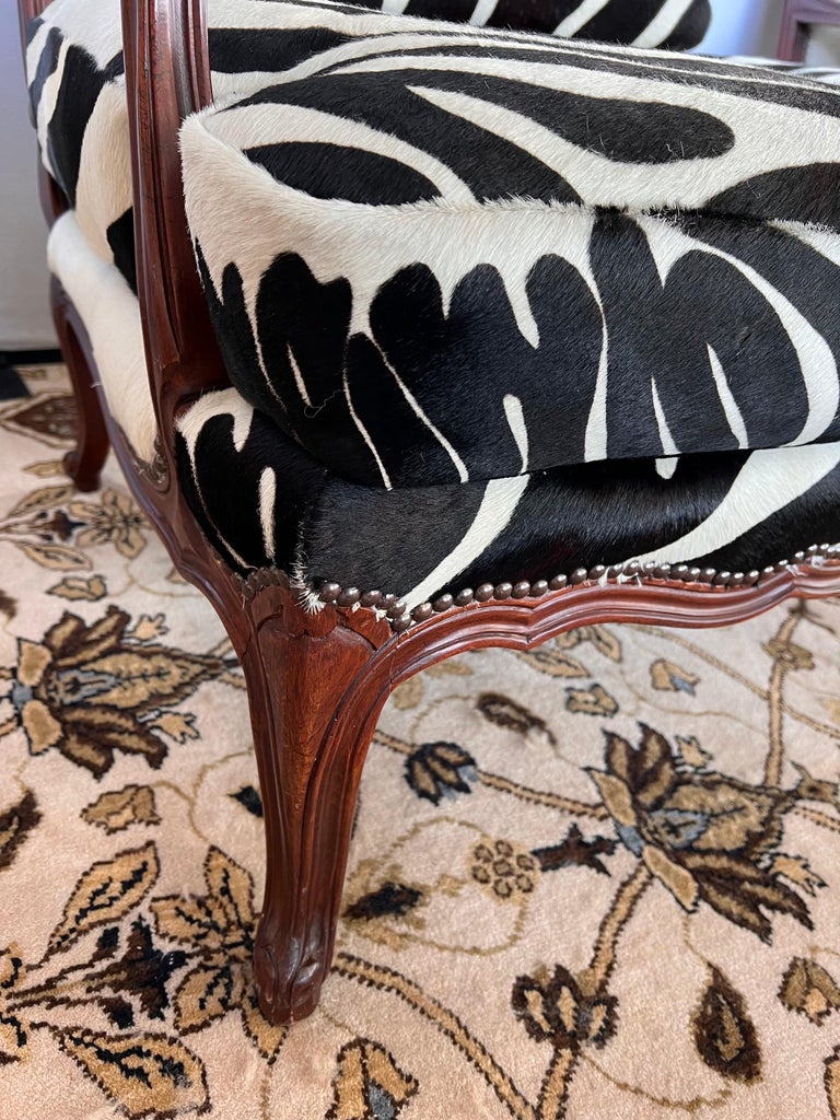 Brass Baker Furniture Mahogany Bergere Chair Newly Upholstered in Calfskin Zebra Print For Sale