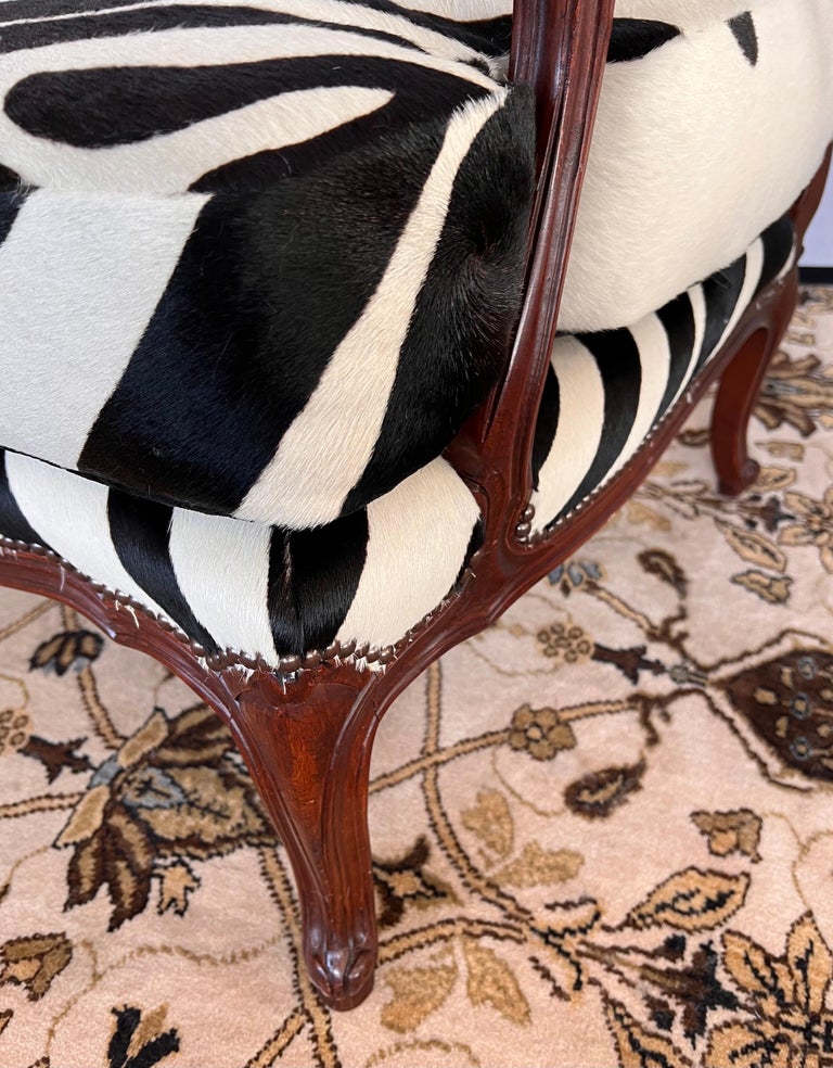 Baker Furniture Mahogany Bergere Chair Newly Upholstered in Calfskin Zebra Print For Sale 1