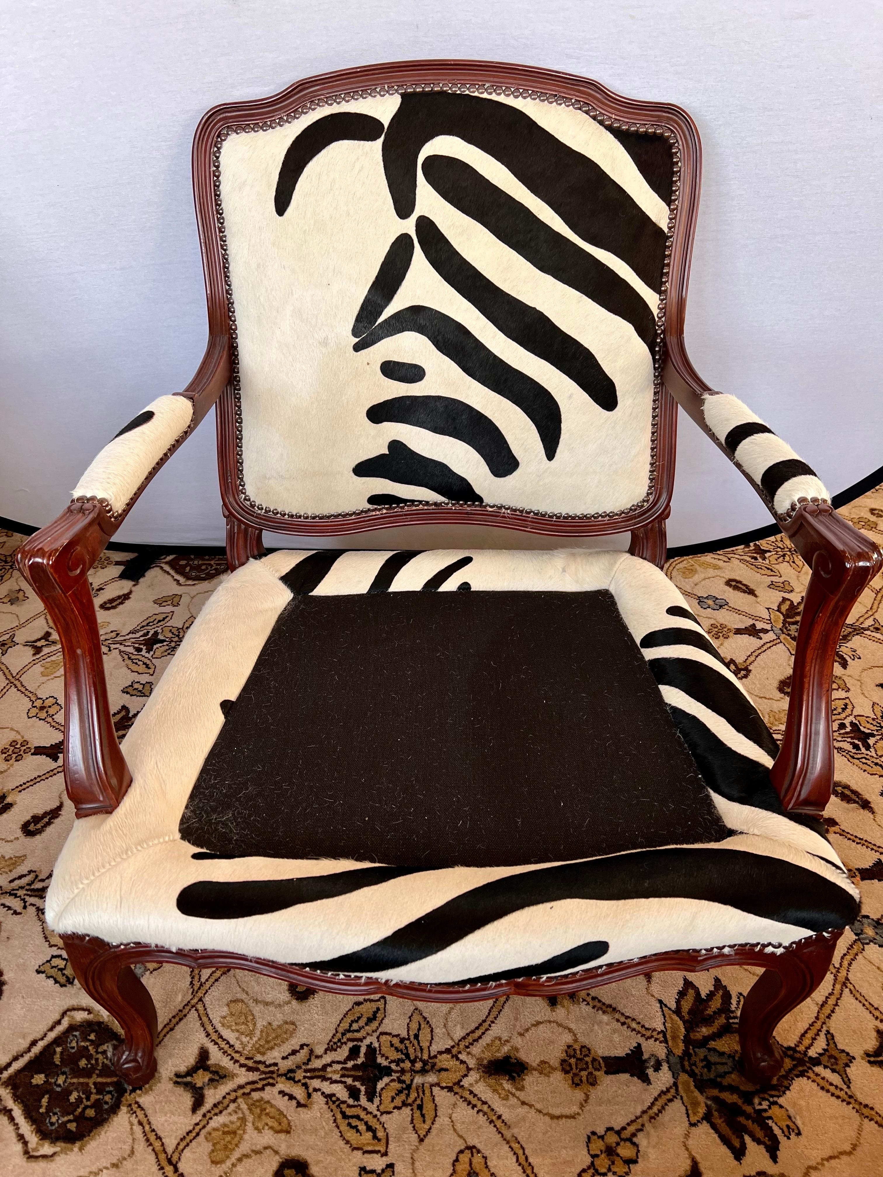 20th Century Baker Furniture Mahogany Bergere Chair Newly Upholstered in Calfskin Zebra Print