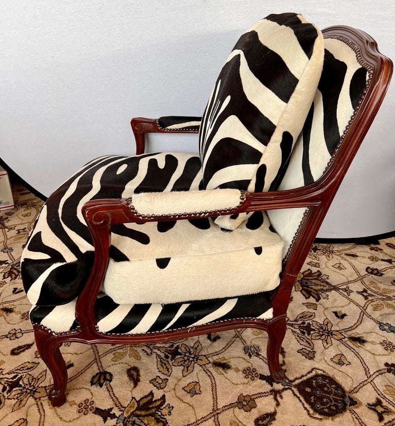 Baker Furniture Mahogany Bergere Chair Newly Upholstered in Calfskin Zebra Print For Sale 2