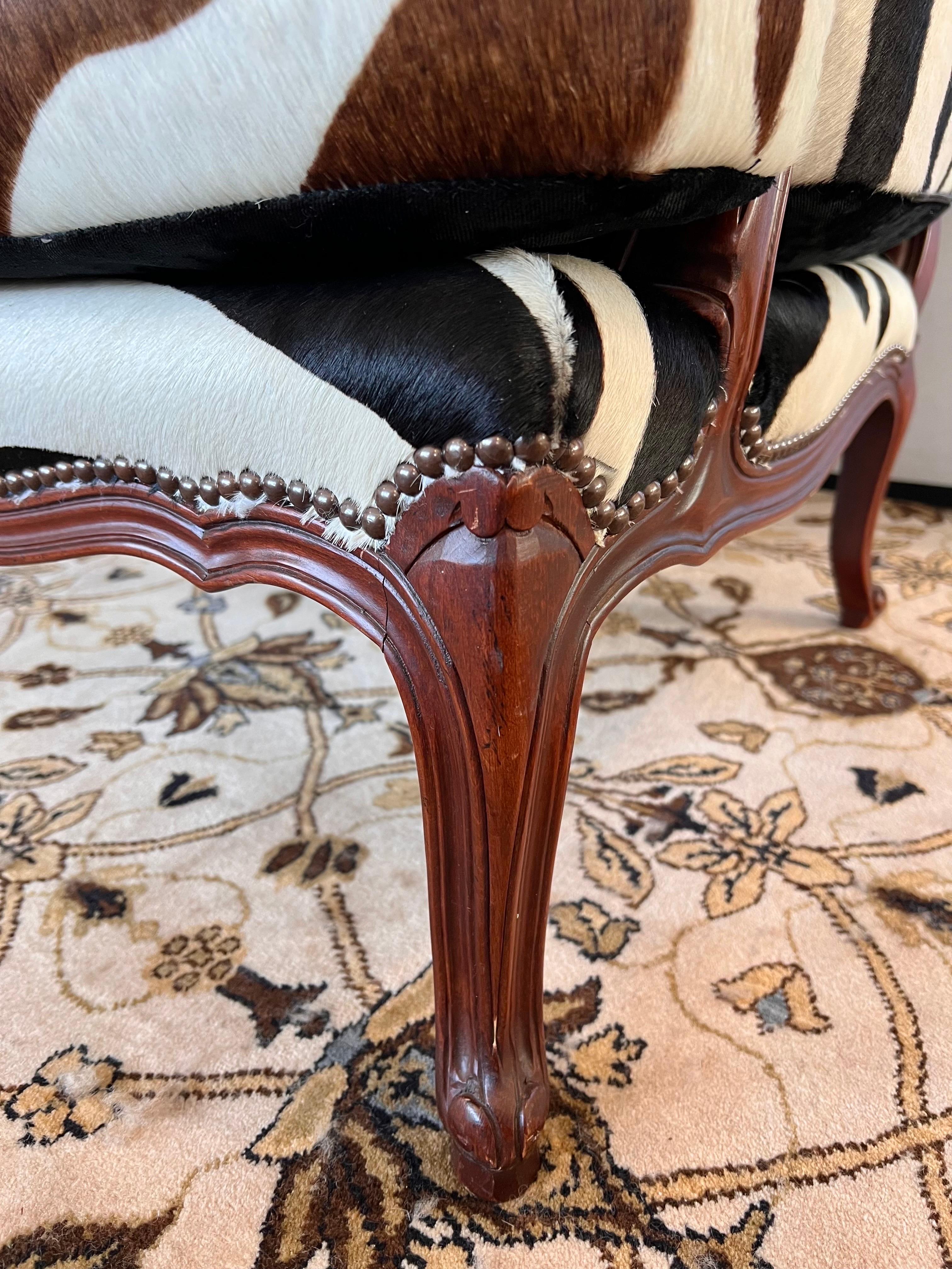 Brass Baker Furniture Mahogany Bergere Chair Newly Upholstered in Calfskin Zebra Print