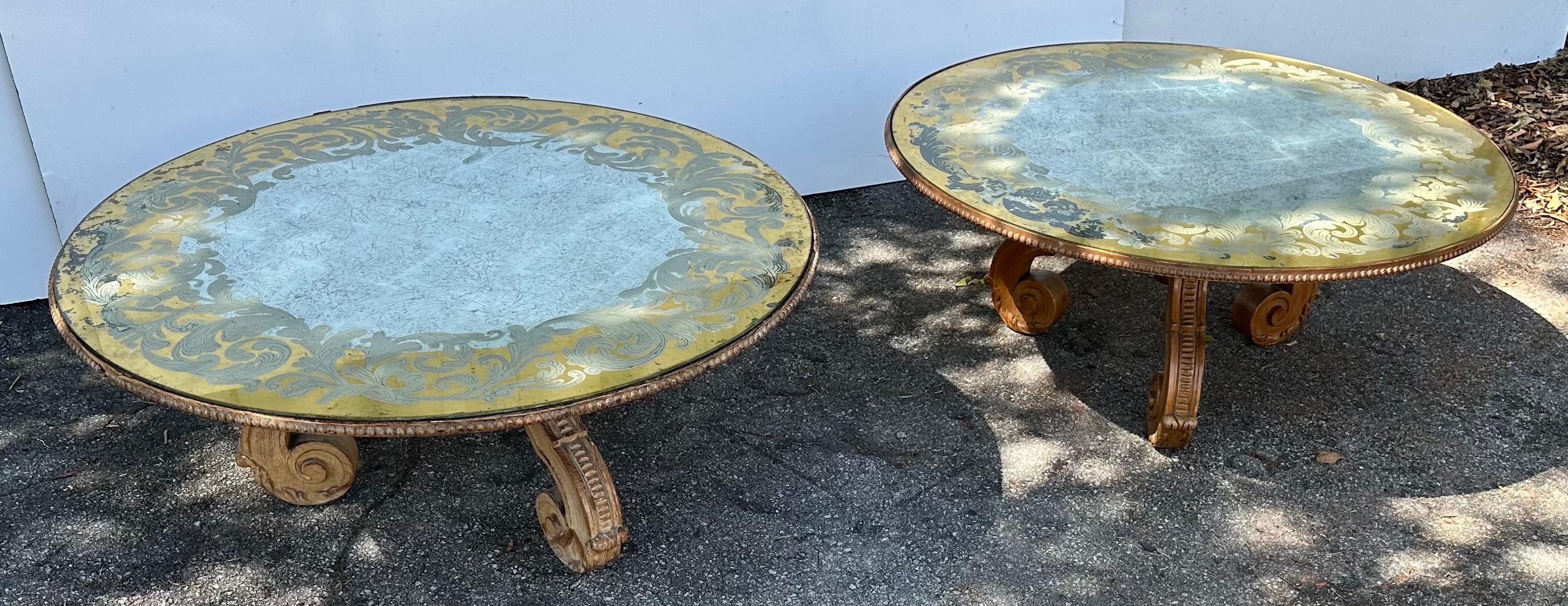 Pair of Baker Furniture eglomise mirror and bleached oak Tables.
Nice distressed look .
Labeled Baker.