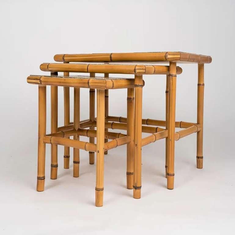 French Signed Bamboo Stacking Tables with Ceramic Tiled Tops by Bergon, France, 1960s