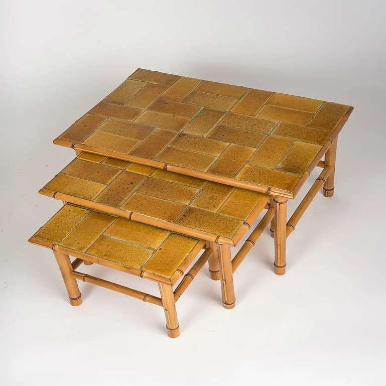 Signed Bamboo Stacking Tables with Ceramic Tiled Tops by Bergon, France, 1960s In Good Condition In New York, NY