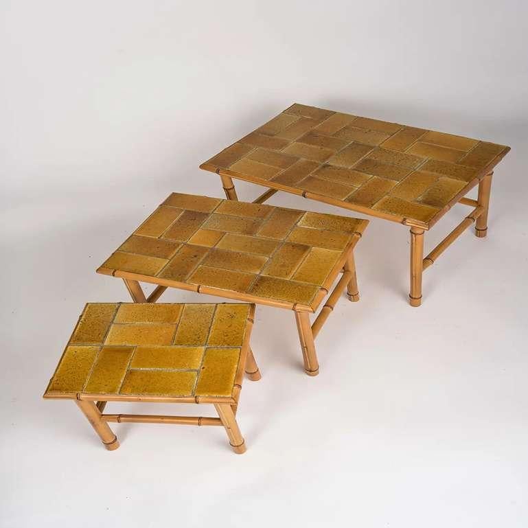 Mid-20th Century Signed Bamboo Stacking Tables with Ceramic Tiled Tops by Bergon, France, 1960s