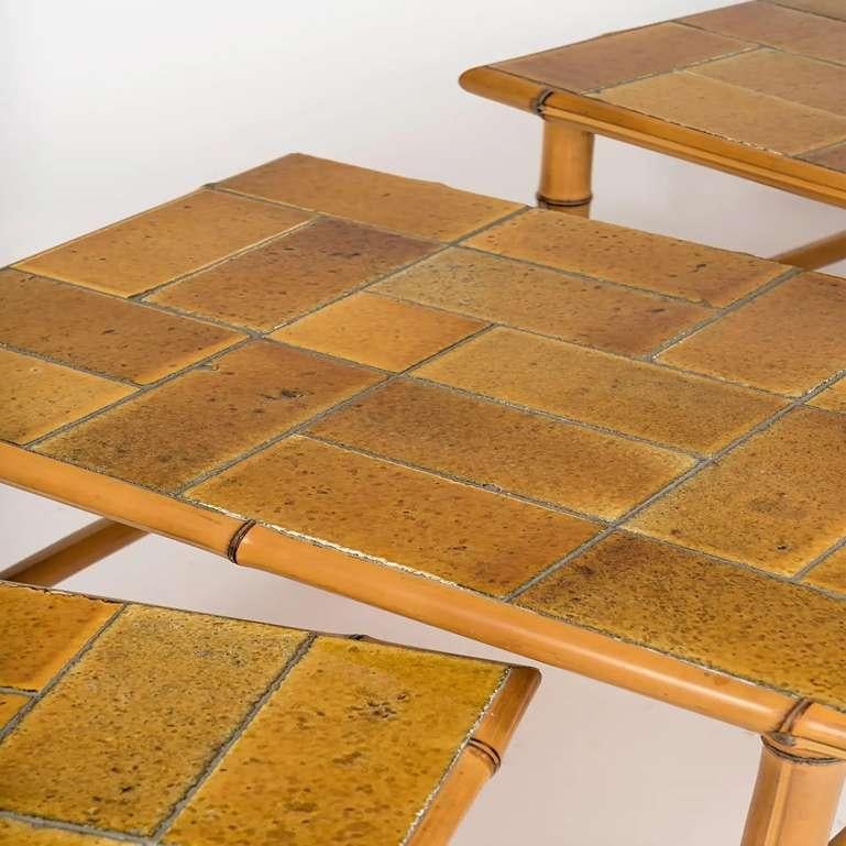 Signed Bamboo Stacking Tables with Ceramic Tiled Tops by Bergon, France, 1960s 1