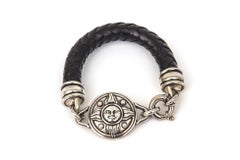 Barry Kielselstein Cord Signed Sterling Silver, Black Leather Sun Motif Bracelet
