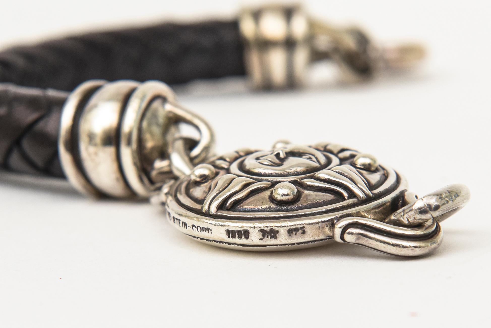 Modern Barry Kielselstein Cord Signed Sterling Silver, Black Leather Sun Motif Bracelet