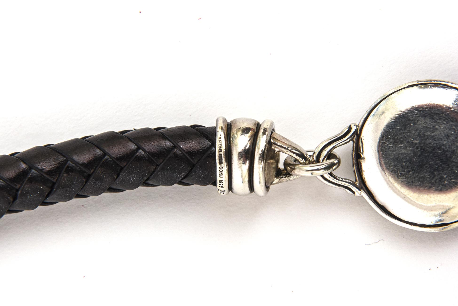 Women's Barry Kielselstein Cord Signed Sterling Silver, Black Leather Sun Motif Bracelet For Sale
