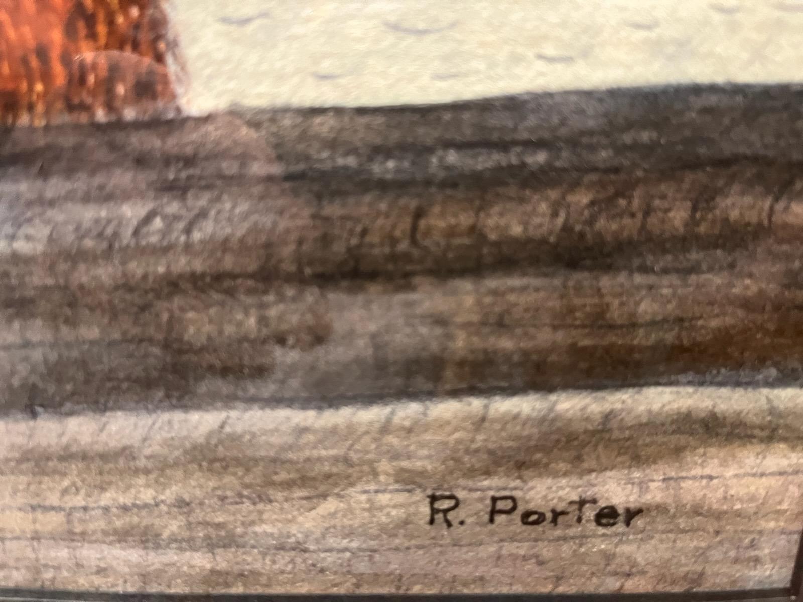 Aquarelle signée R.Porter d'un ours dans les bois en Californie.Cet artiste californien a été trouvé à Ojai,Californie dans une collection d'antiquités.Elle a été nouvellement encadrée et passe-partout.C'est vraiment une aquarelle/peinture