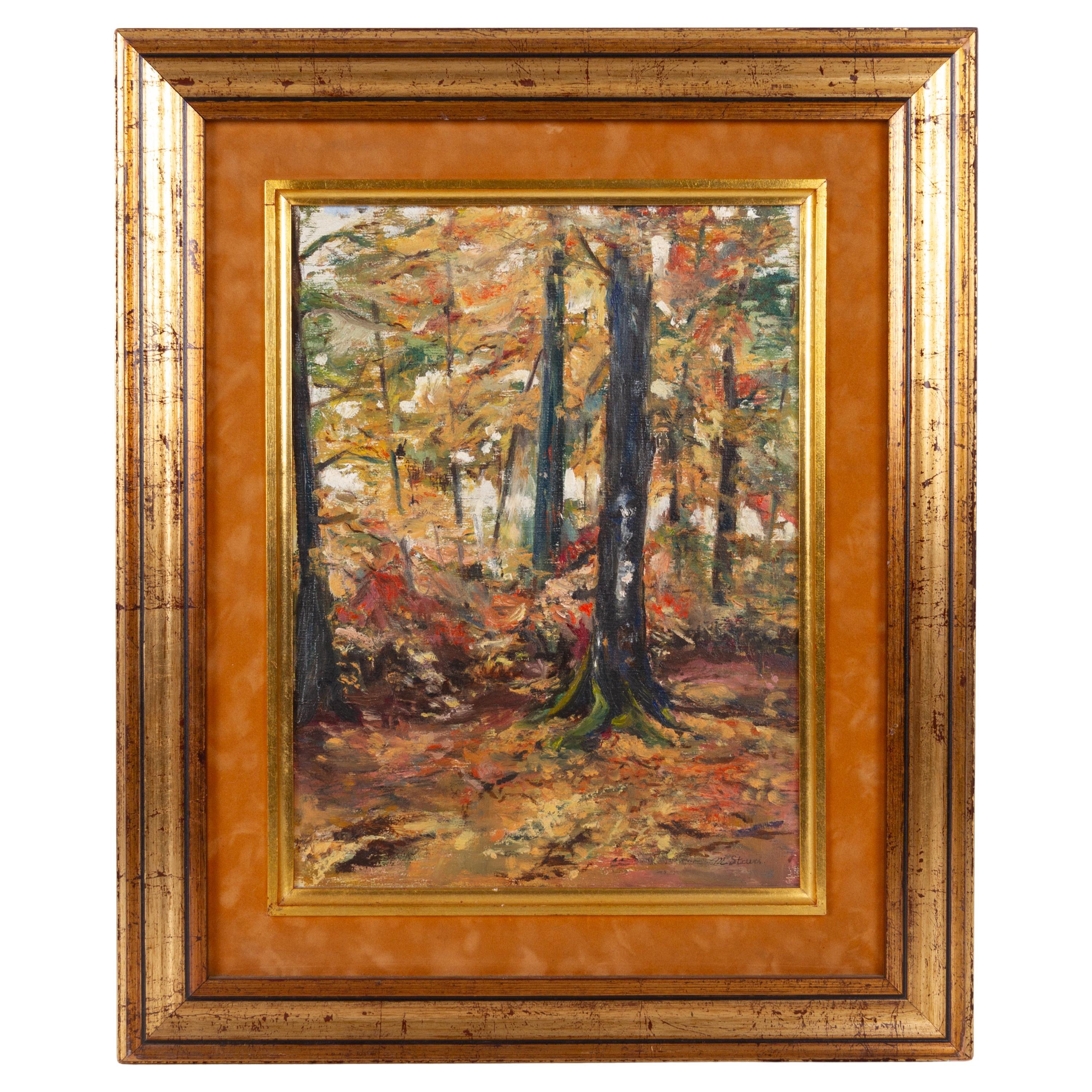 Peinture à l'huile belge de paysage forestier d'automne signée