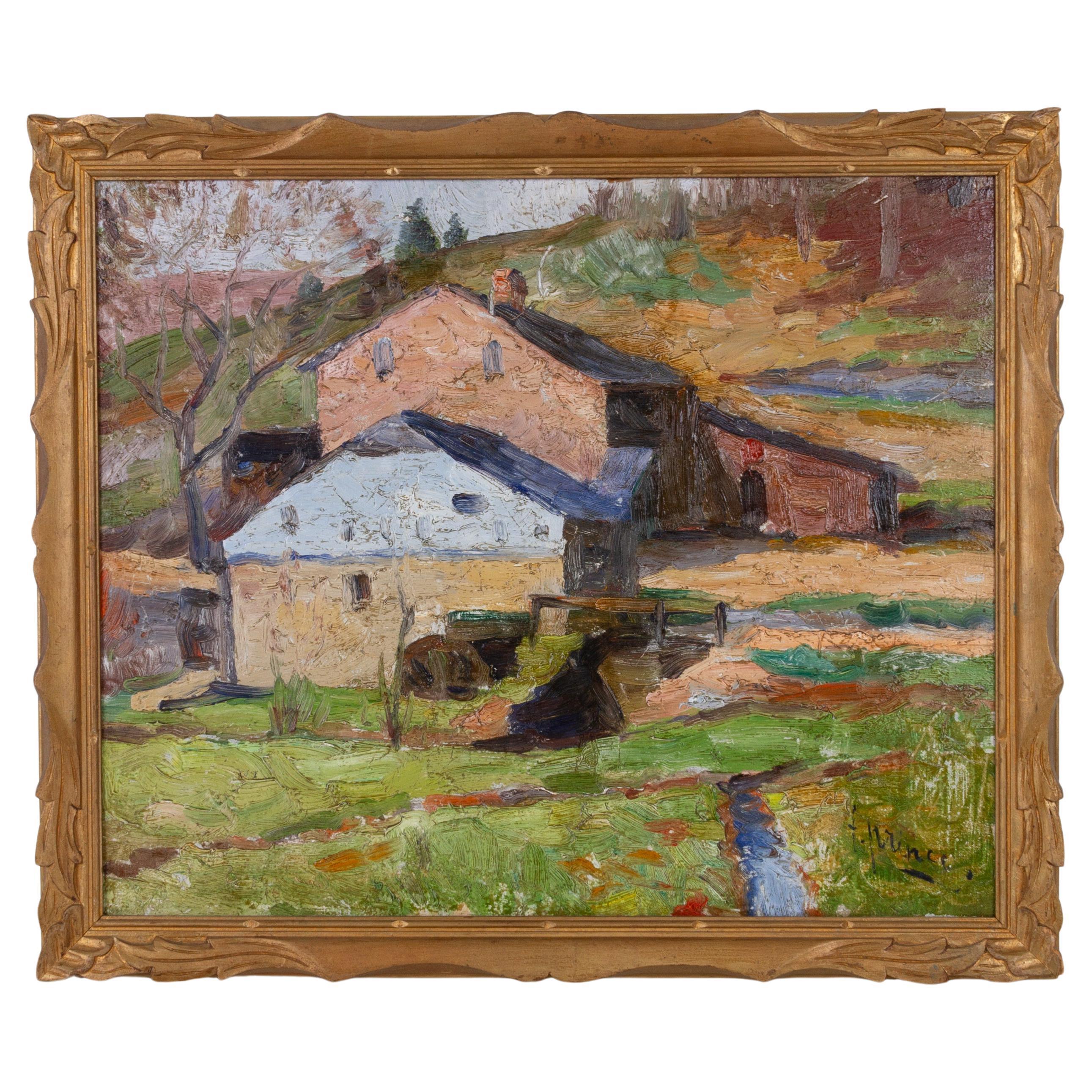 Signed Belgian Farm Landscape Oil Painting 1926 in Giltwood Frame