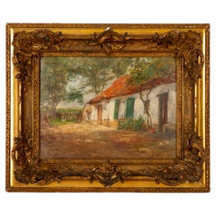 Antique Signed Belgian Farmhouse Oil Painting Early 20th Century