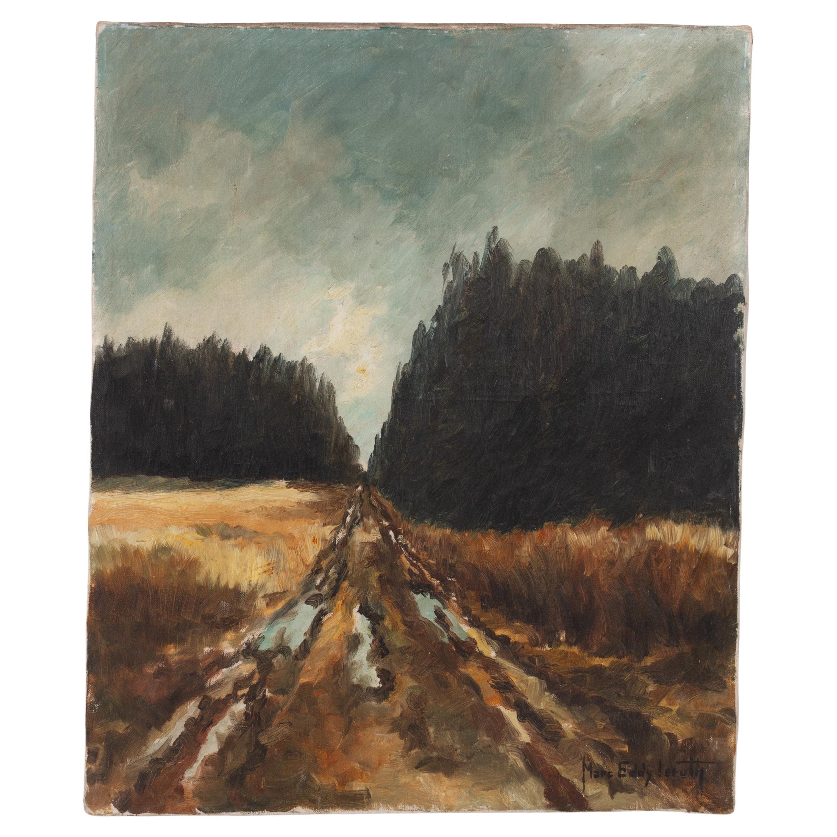 Peinture à l'huile impressionniste belge de paysage boisé signée