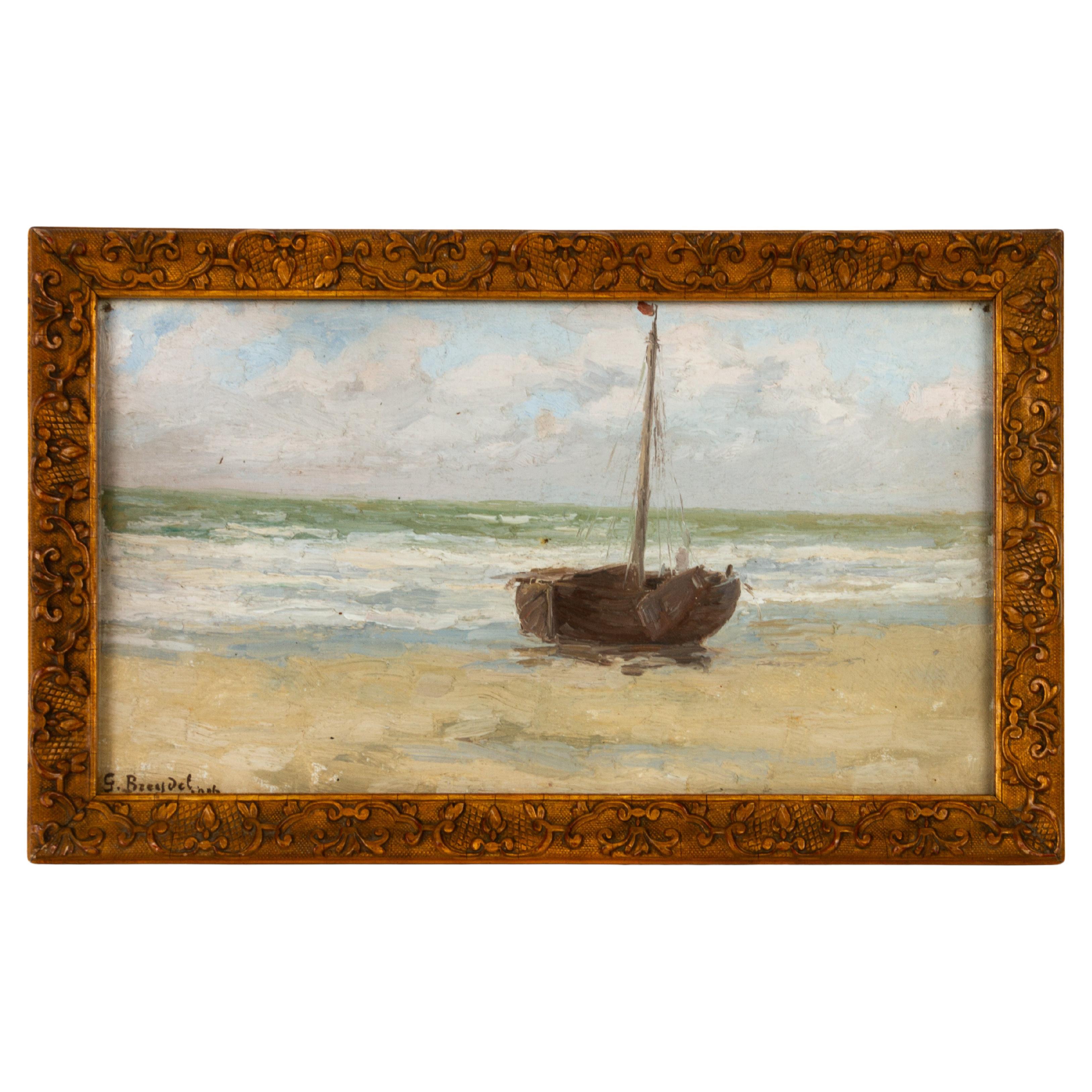 Signed Belgian Nautical Maritime Coastal Landscape Oil Painting For Sale