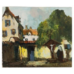 Peinture à l'huile de paysage d'un village scolaire belge signée