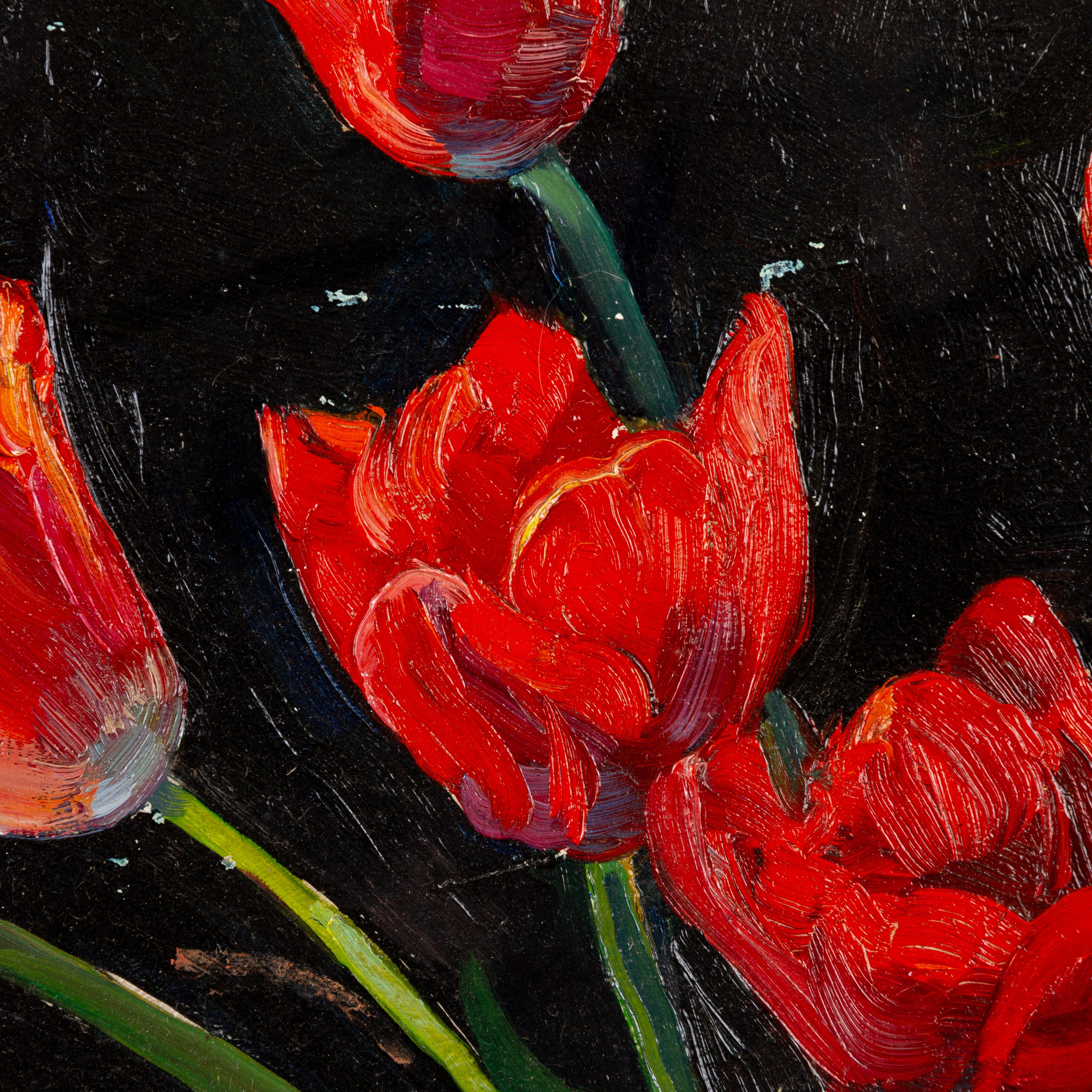 Signed Belgian Still Life Tulips Vase Oil Painting 1947 In Good Condition For Sale In Nottingham, GB