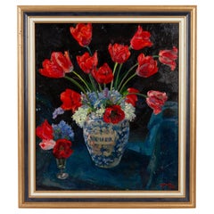 Nature morte belge signée Tulipes Vase Peinture à l'huile 1947