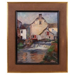 Vintage Signed Belgian Village Riverside Landscape Oil Painting