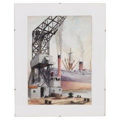 Vintage Signed Belgian Watercolour Painting Ferry Harbour
