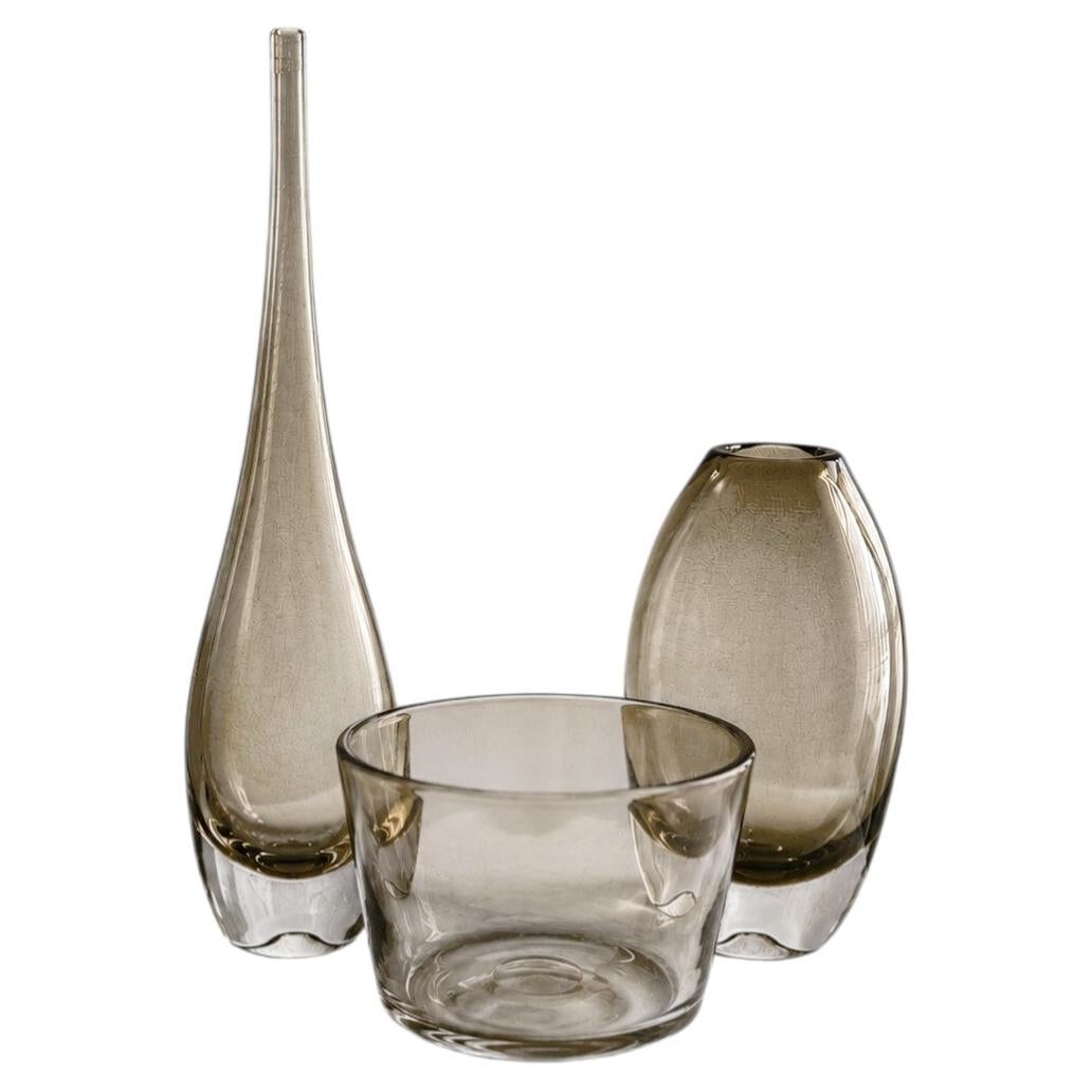 Signed Bengt Orup for Johansfors Swedish Smoky Art Glass Vase and Bowl - 1950's