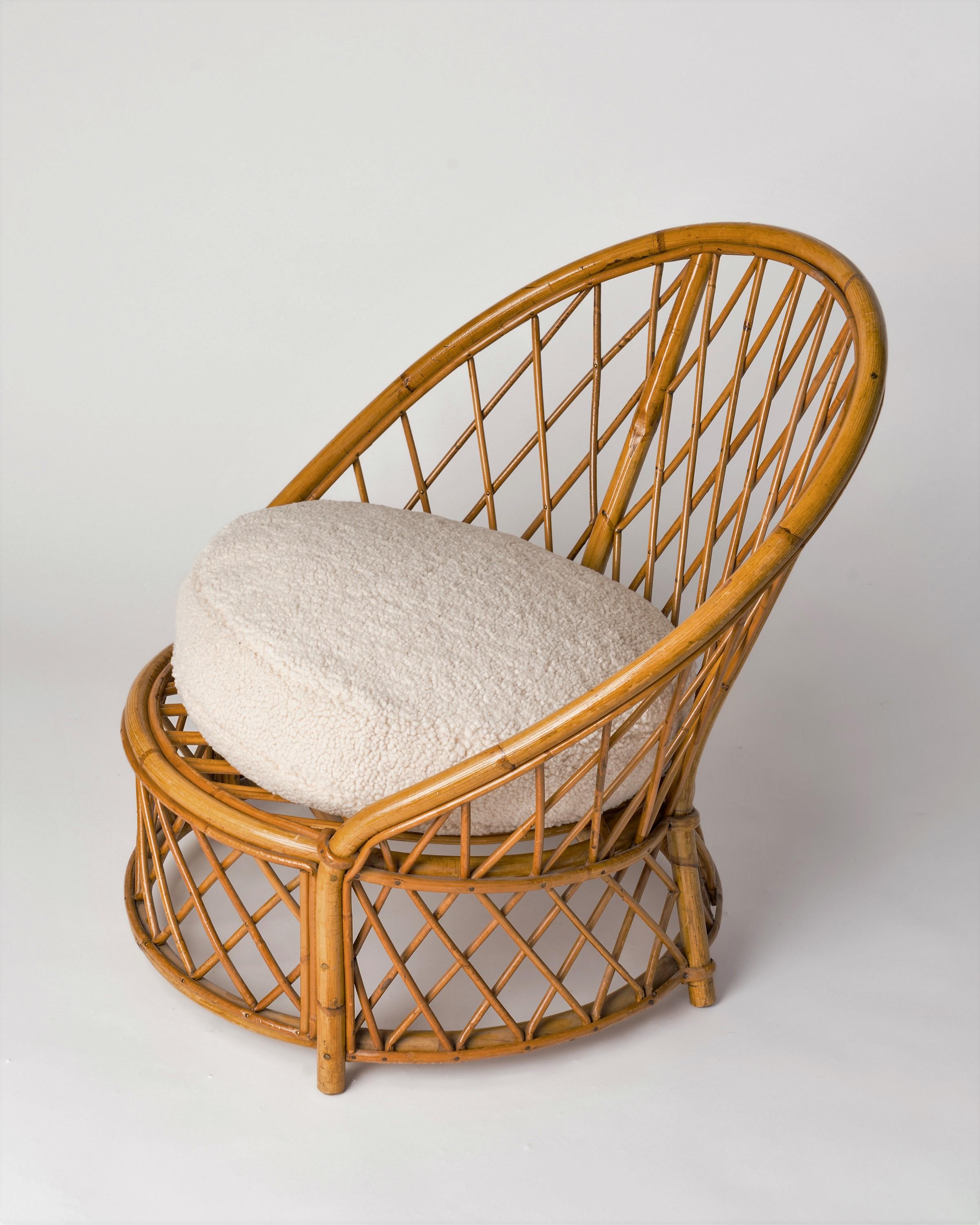 French Signed Bergère Rattan Chair by Audoux Minnet w. Cream Bouclé Cushions, France