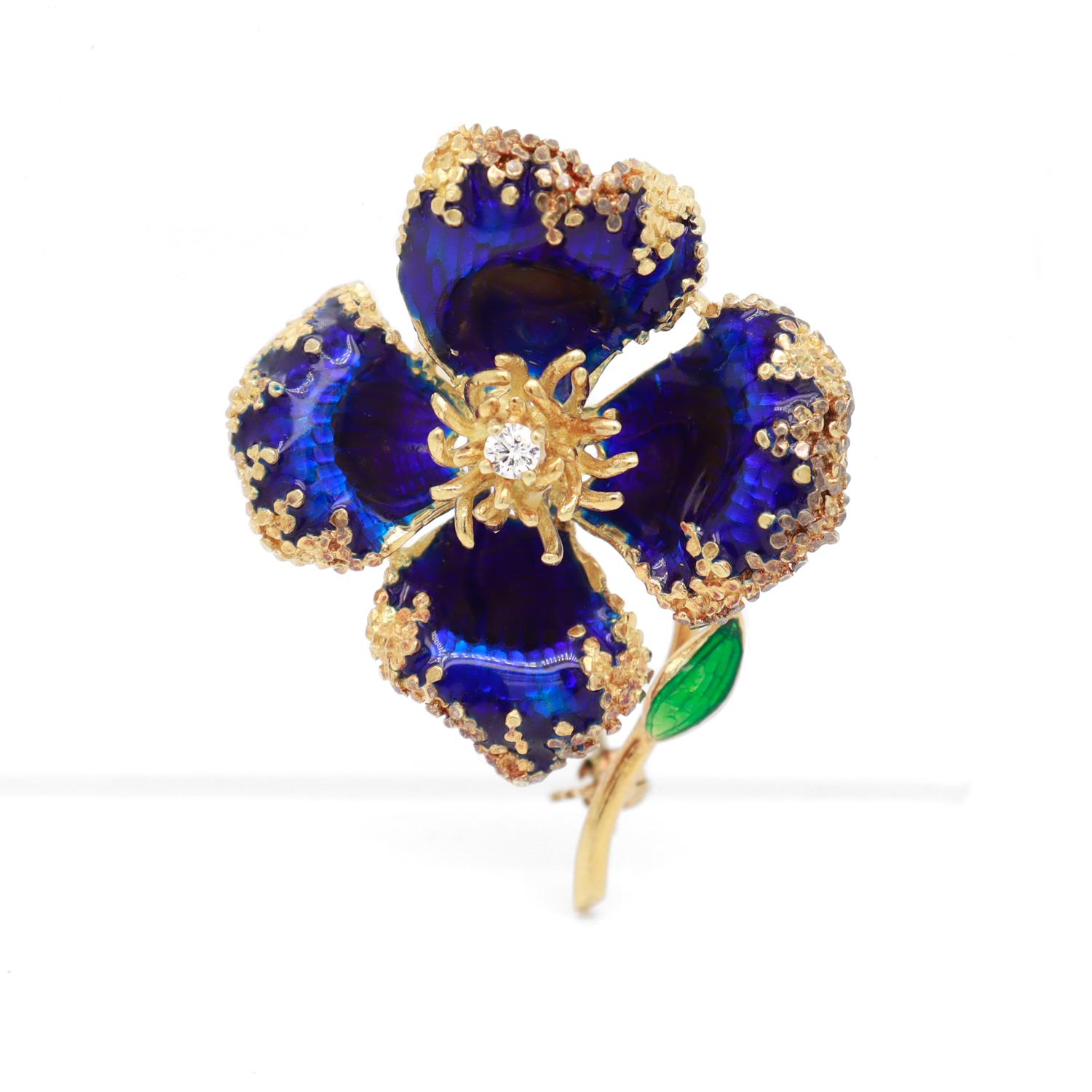 Women's Signed Birks Mid-Century Modern 18K Yellow Gold, Enamel, & Diamond Flower Brooch For Sale
