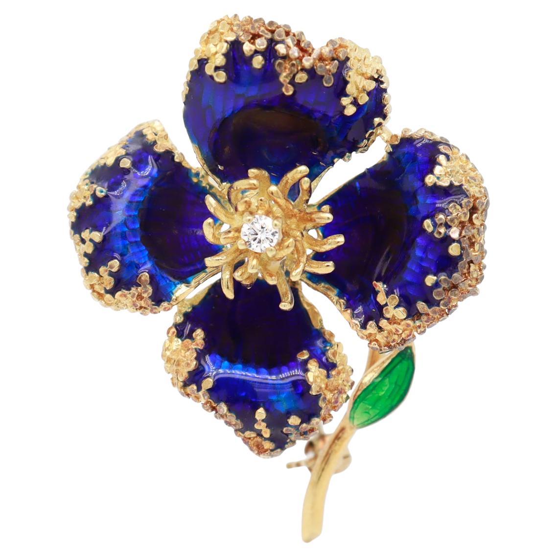 Signed Birks Mid-Century Modern 18K Yellow Gold, Enamel, & Diamond Flower Brooch For Sale