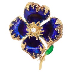 Signed Birks Mid-Century Modern 18K Yellow Gold, Enamel, & Diamond Flower Brooch