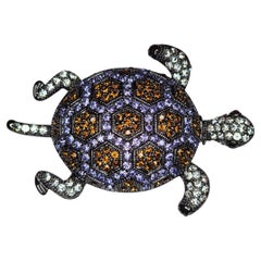 Signed Blackened Silver Tone Crystal Turtle Brooch with Amber and Lavender Stone