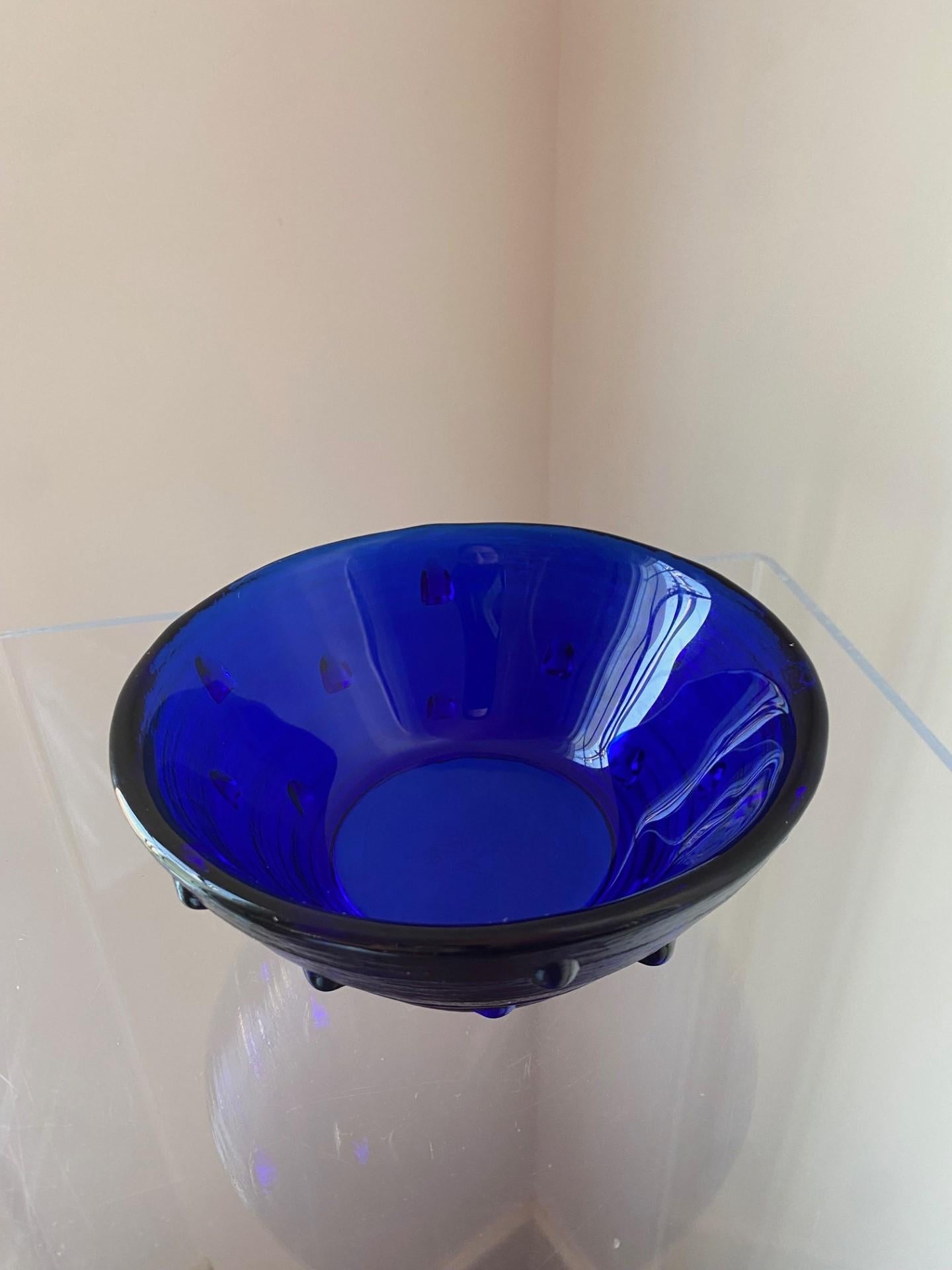 Modern Signed Blenko Cobalt Blue Glass Studded Bowl  For Sale
