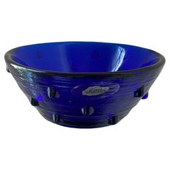 Used Signed Blenko Cobalt Blue Glass Studded Bowl 