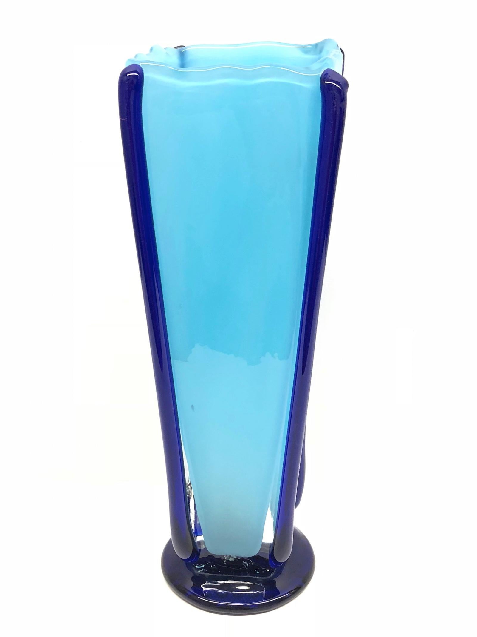 Czech Signed Blue Bohemian Art Glass Vase Mid-Century Modern by Jiri Suhajek Design