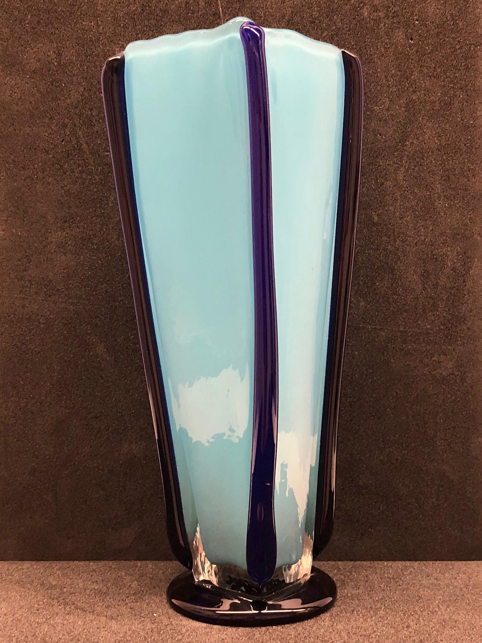 Signed Blue Bohemian Art Glass Vase Mid-Century Modern by Jiri Suhajek Design 1
