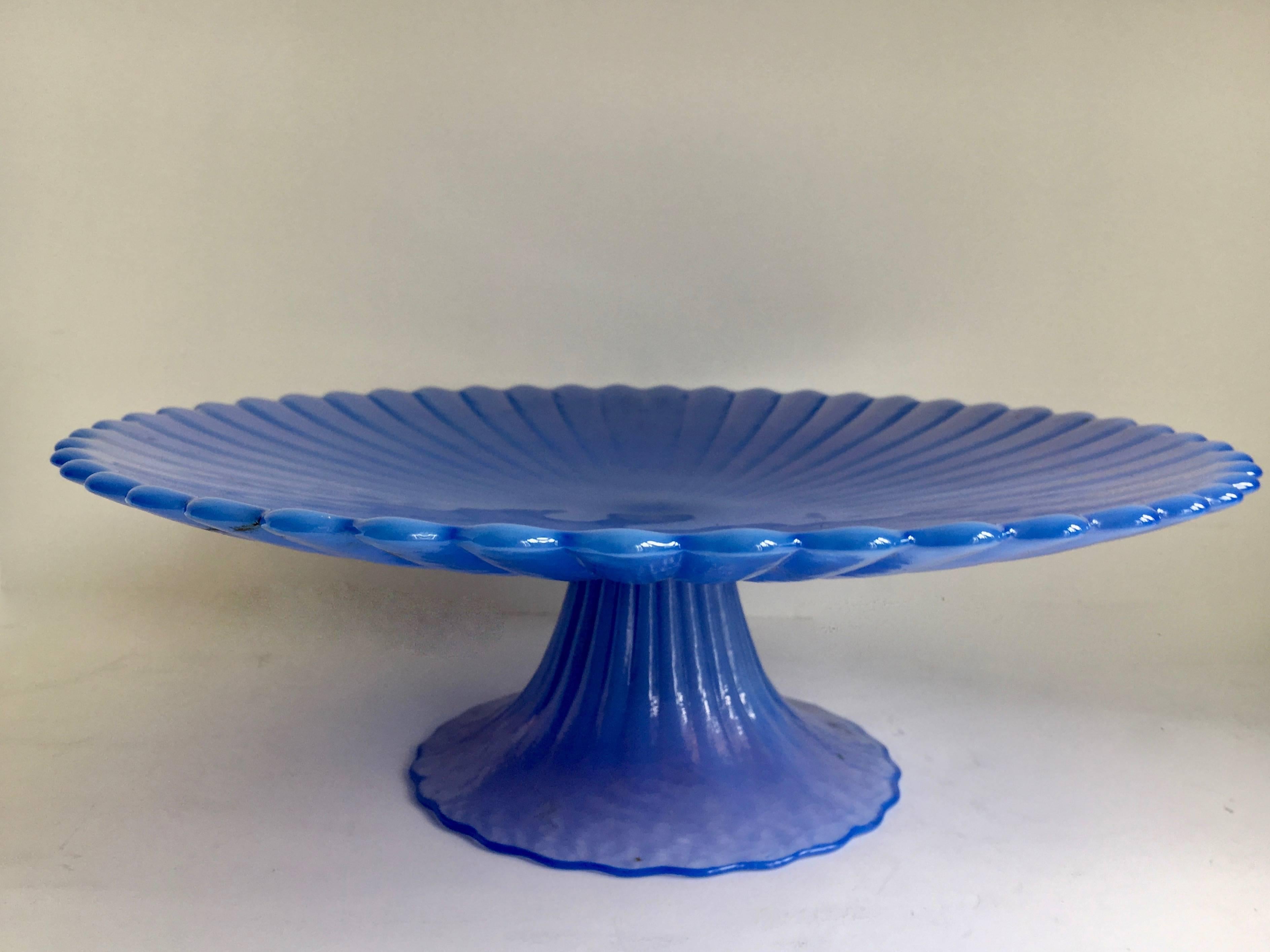Signed Blue Murano Cake Pedestal Plate In Good Condition In Los Angeles, CA