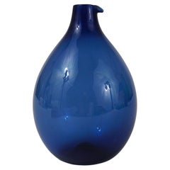 Retro Signed Blue Timo Sarpaneva Pullo Bird Bottle Glass Vase, Iittala, Finland, 1950s