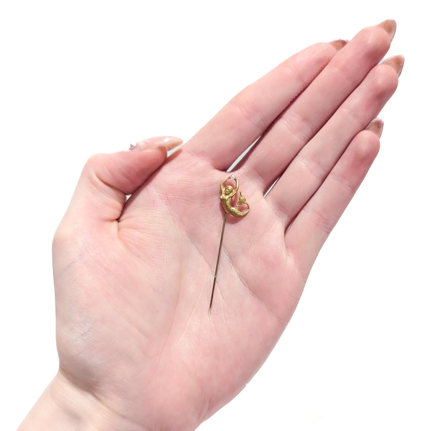 Signed B&N 10K Gold & Pearl Figural Mermaid Stickpin 6