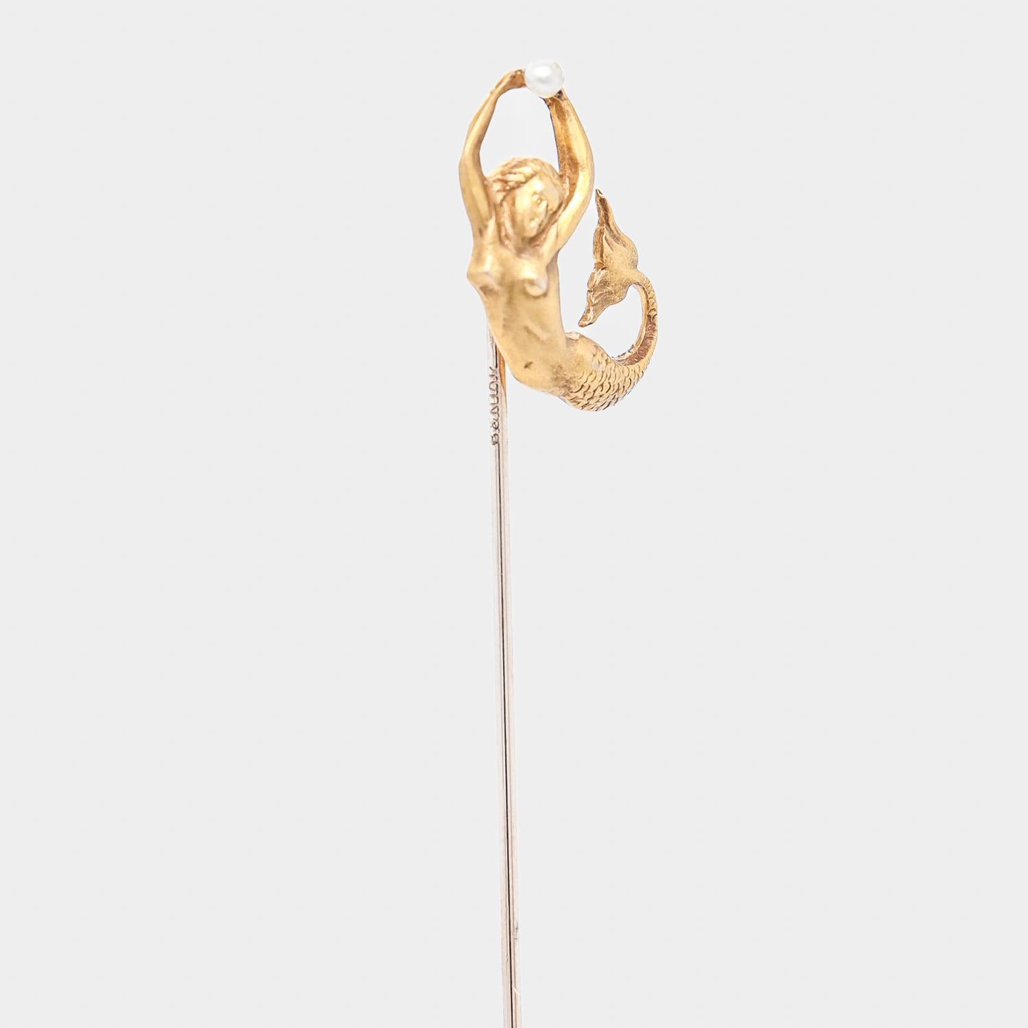 Round Cut Signed B&N 10K Gold & Pearl Figural Mermaid Stickpin