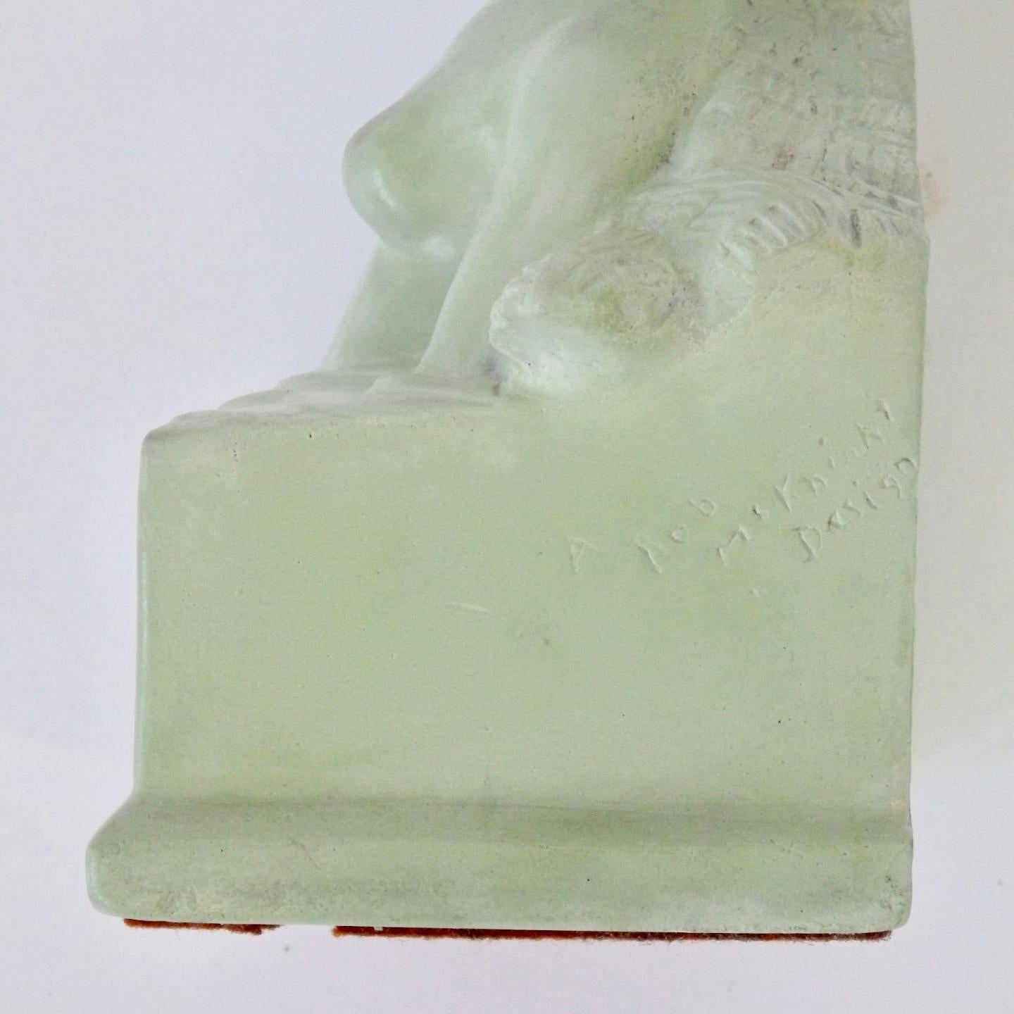 Dyed Signed Bob McKnight Art Deco Green Plaster Bookends For Sale