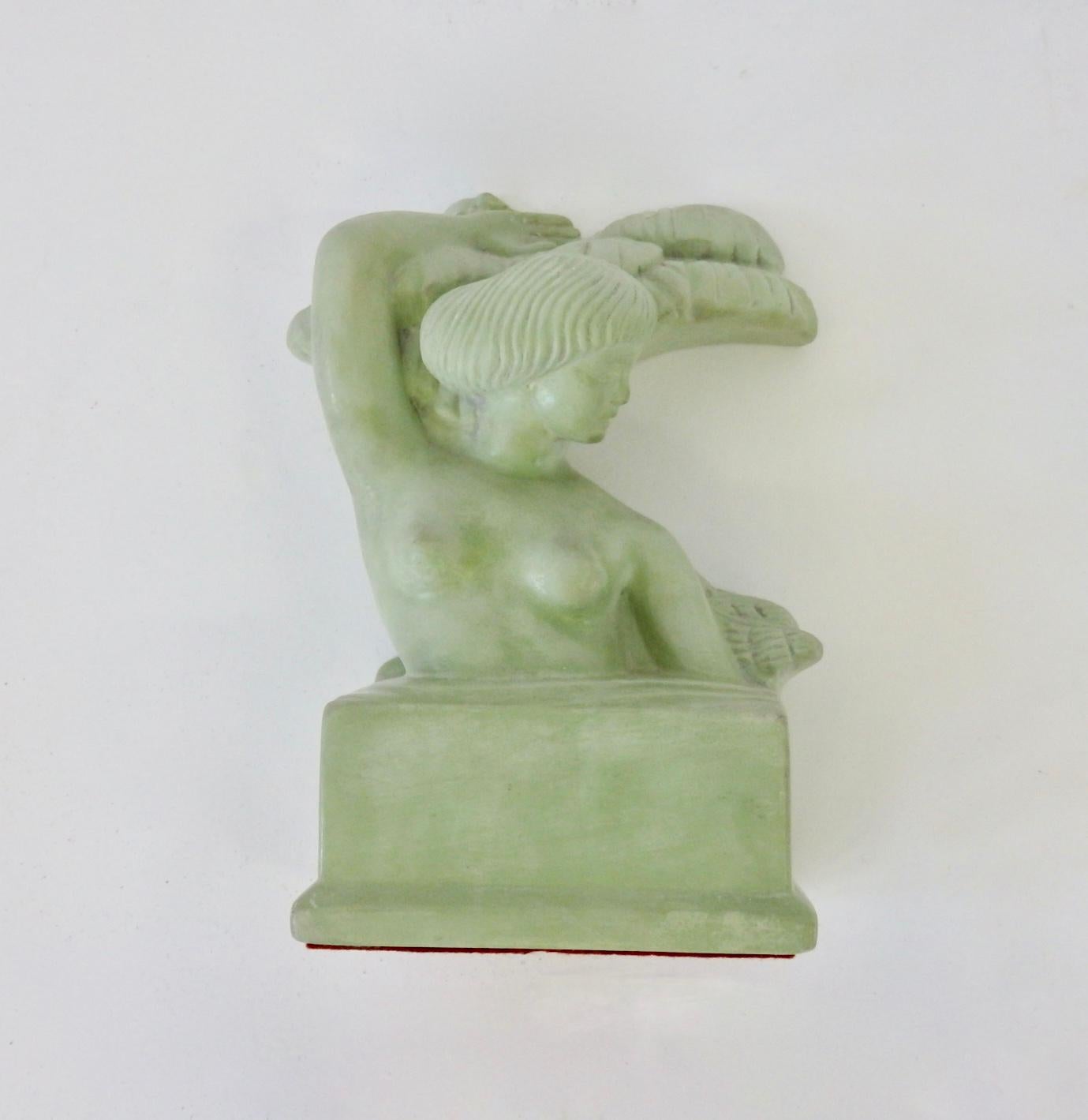 Signed Bob McKnight Art Deco Green Plaster Bookends In Good Condition For Sale In Ferndale, MI