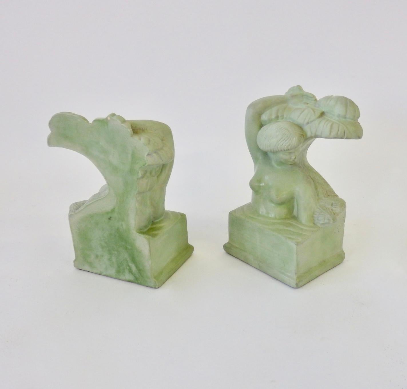 Signed Bob McKnight Art Deco Green Plaster Bookends For Sale 3