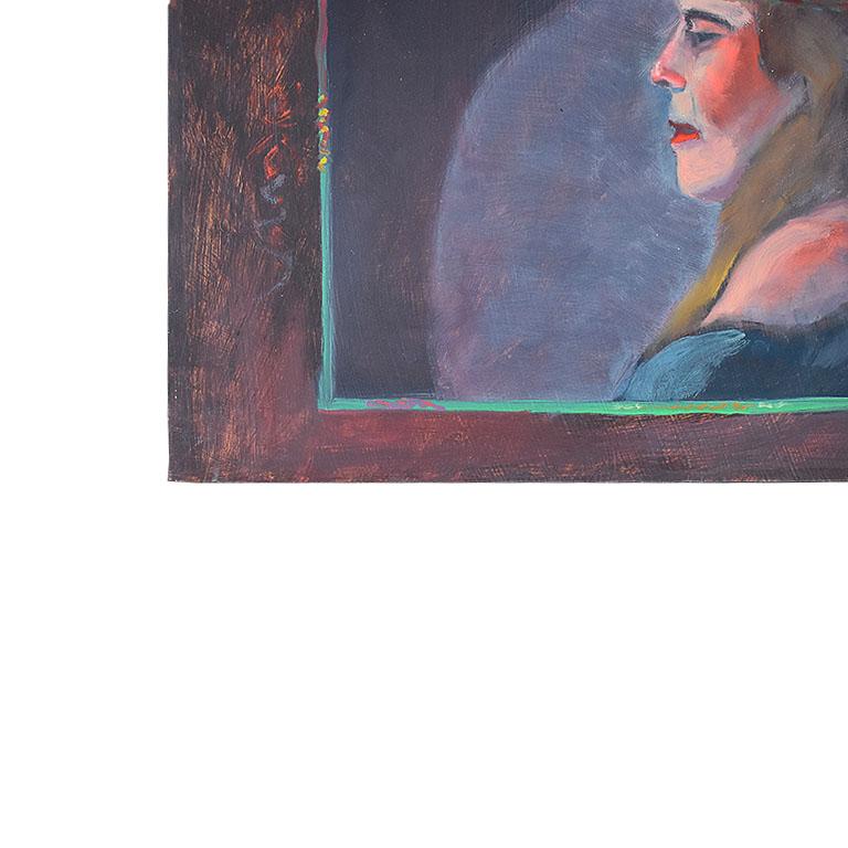 A bohemian profile portrait painting by the late Oklahoma artist Clair Seglem. Ready for framing, this piece depicts a woman in a blue-green off the shoulder top, long hair, and 1970s era headband. An emerald green frame is painted around the edges.