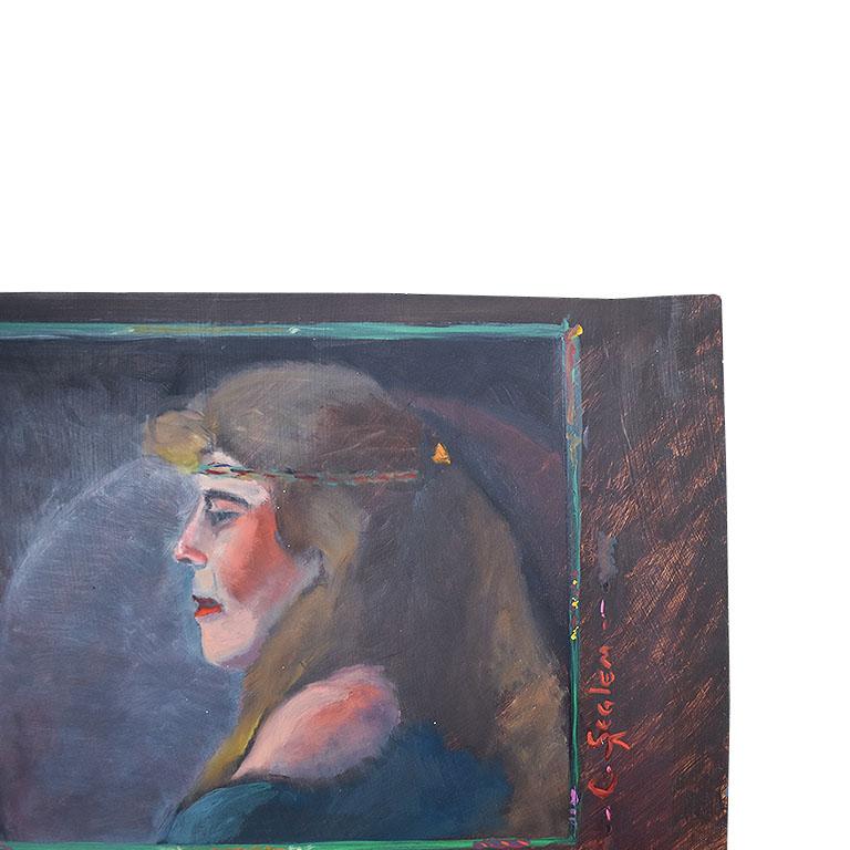 Signed Bohemian Landscape Portrait Painting of a Hippie Woman In Excellent Condition For Sale In Oklahoma City, OK