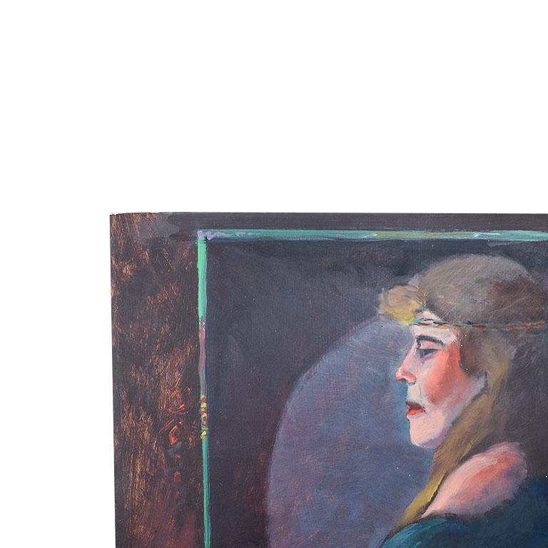 Américain Peinture de portrait de paysage bohème signée représentant une femme Hippie en vente