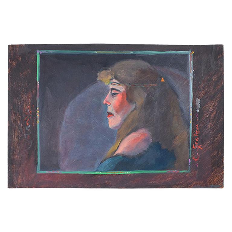 Signed Bohemian Landscape Portrait Painting of a Hippie Woman