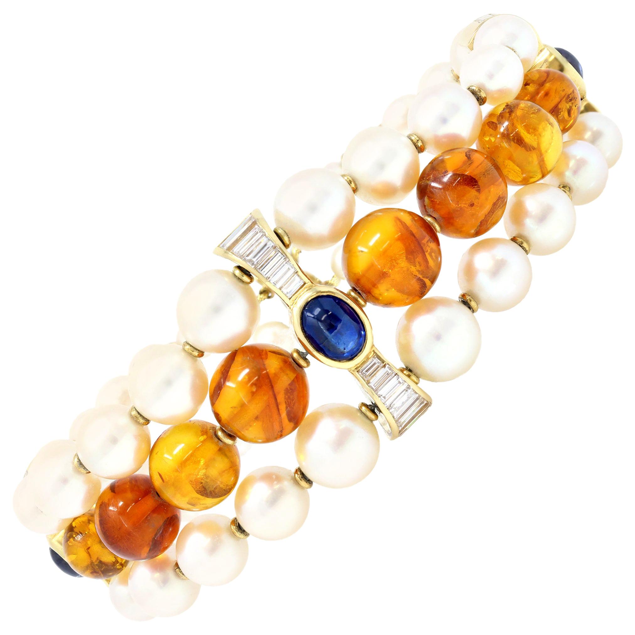 Signed Boucheron Akoya Pearl, Amber, Sapphire and Diamond Bracelet in 18k Gold For Sale