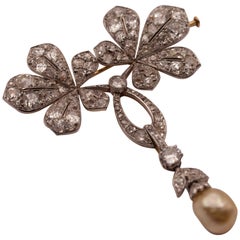 Antique Signed Boucheron Brooch 18 Karat Gold & Platinum Featuring Natural Baroque Pearl