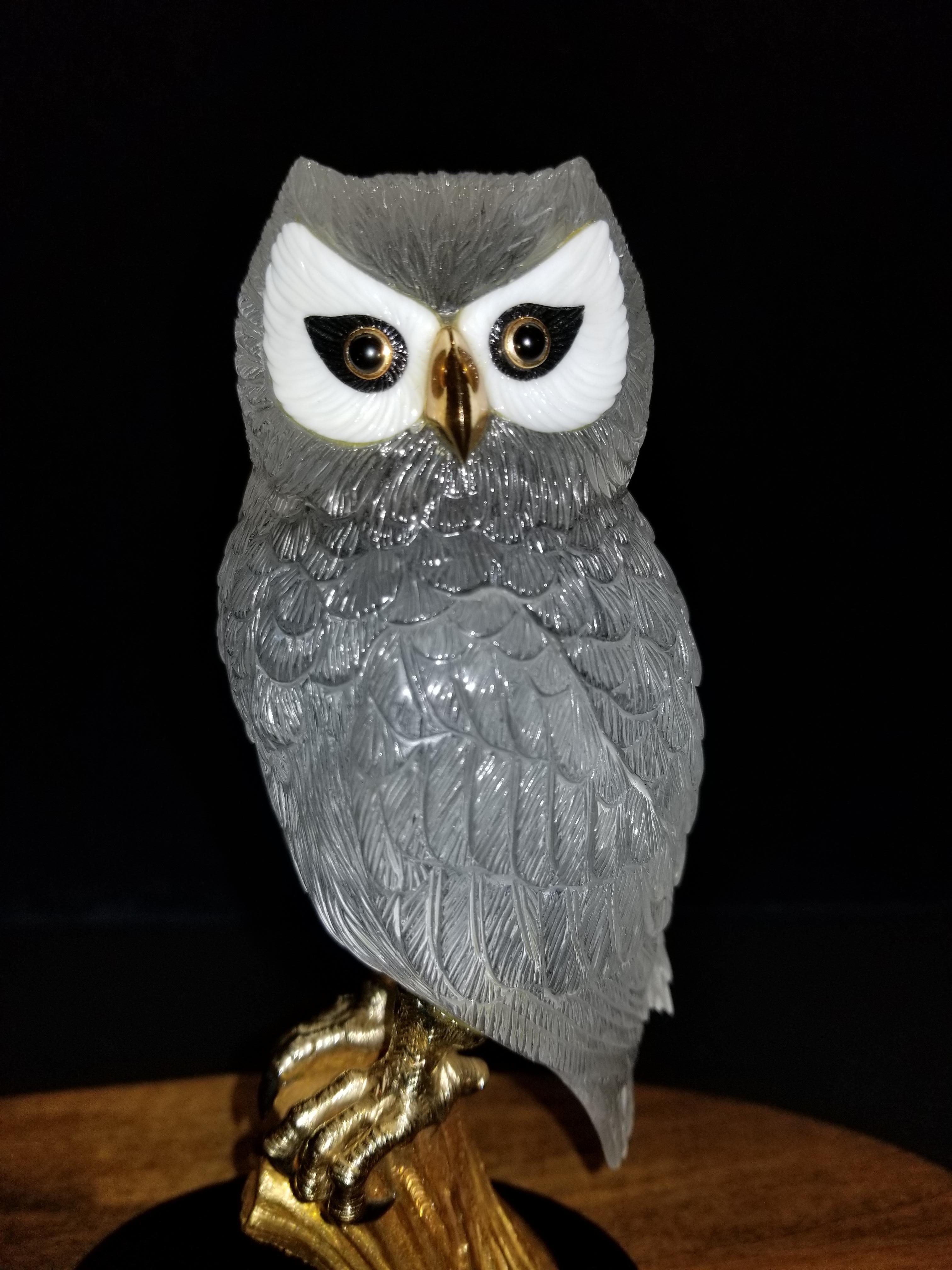 Modern Signed Boucheron Rock Crystal and 18k Gold Owl Statue with Gold and Onyx Eyes