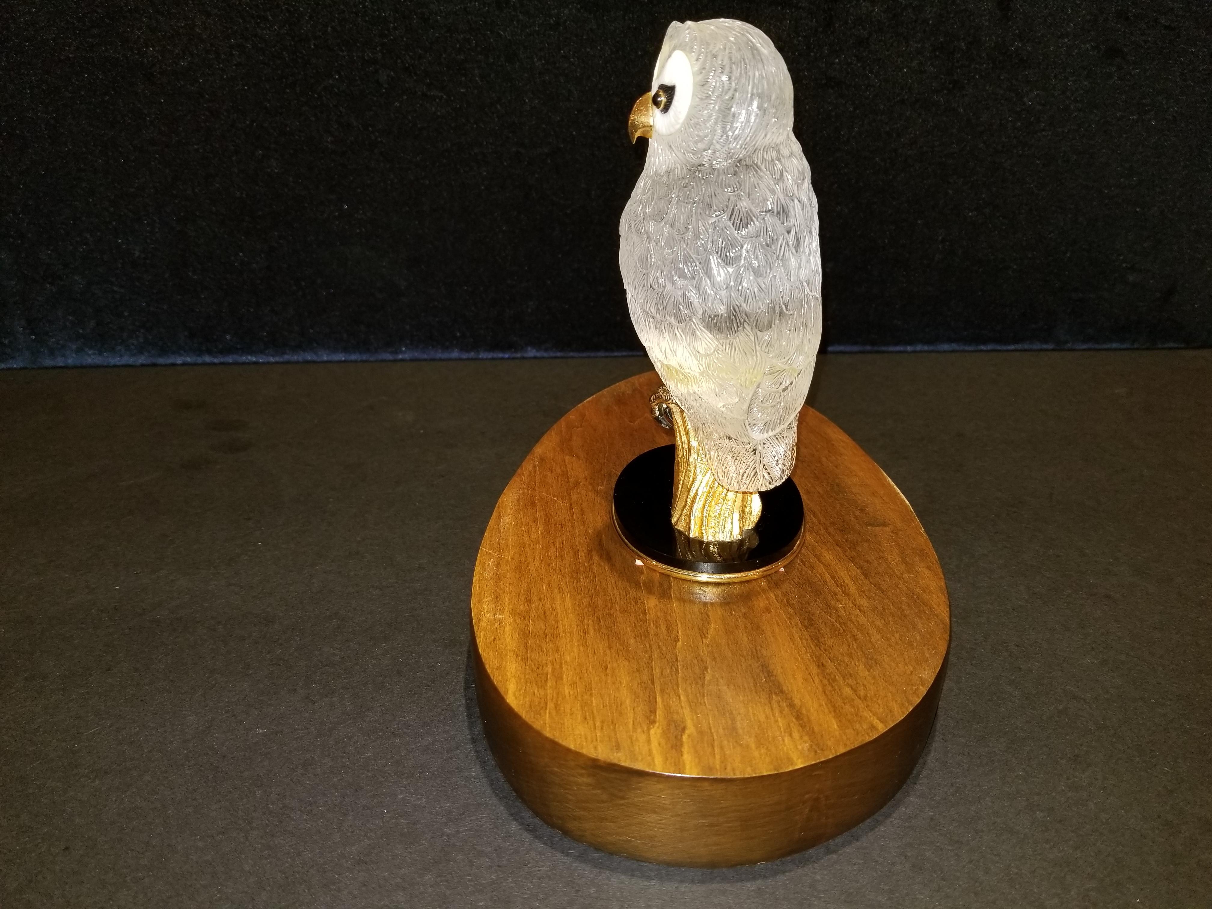 Hand-Carved Signed Boucheron Rock Crystal and 18k Gold Owl Statue with Gold and Onyx Eyes