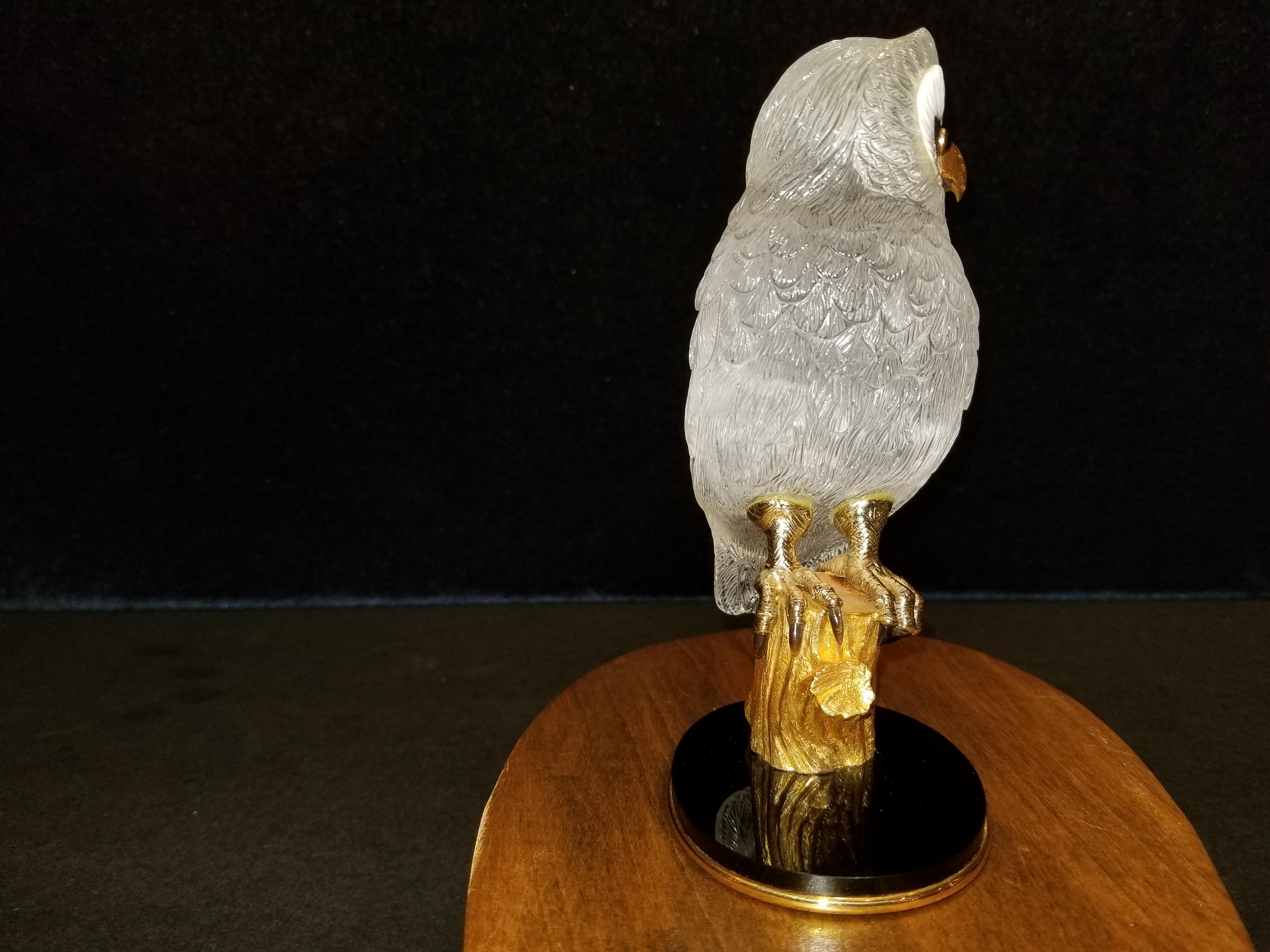 20th Century Signed Boucheron Rock Crystal and 18k Gold Owl Statue with Gold and Onyx Eyes
